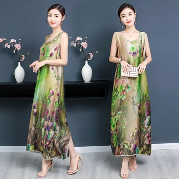 

Fashion Women Dresses Summer 2020 New Silk Temperament Long Dress Vintage Sleeveless Round Neck Clothes
