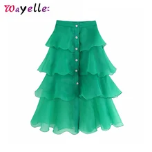 Зеленые винтажные женские юбки летняя прозрачная юбка из органзы с драгоценными пуговицами модные женские юбки с высокой талией корейские шикарные юбки