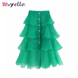 Зеленые винтажные женские юбки 2019 летняя прозрачная юбка из органзы с драгоценными пуговицами модные женские юбки с высокой талией