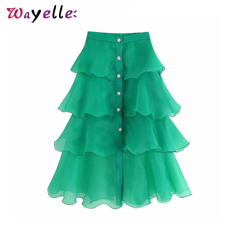 

Green Vintage Women Skirts 2019 Summer Gem Button Organza Transparent Skirt Fashion High Waist Womens Skirts Korean Chic Skirts