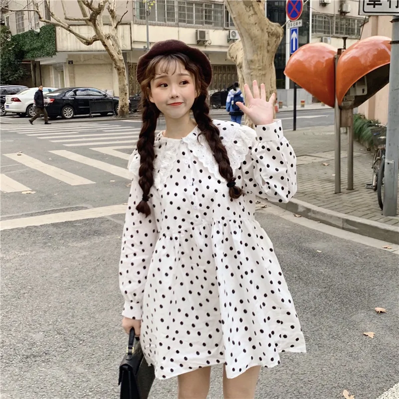 

Photo Shoot 2019 Spring New Style WOMEN'S Dress Japanese-style GIRL'S Lace Edge Fold-down Collar Loose-Fit GIRL'S Dress Dress