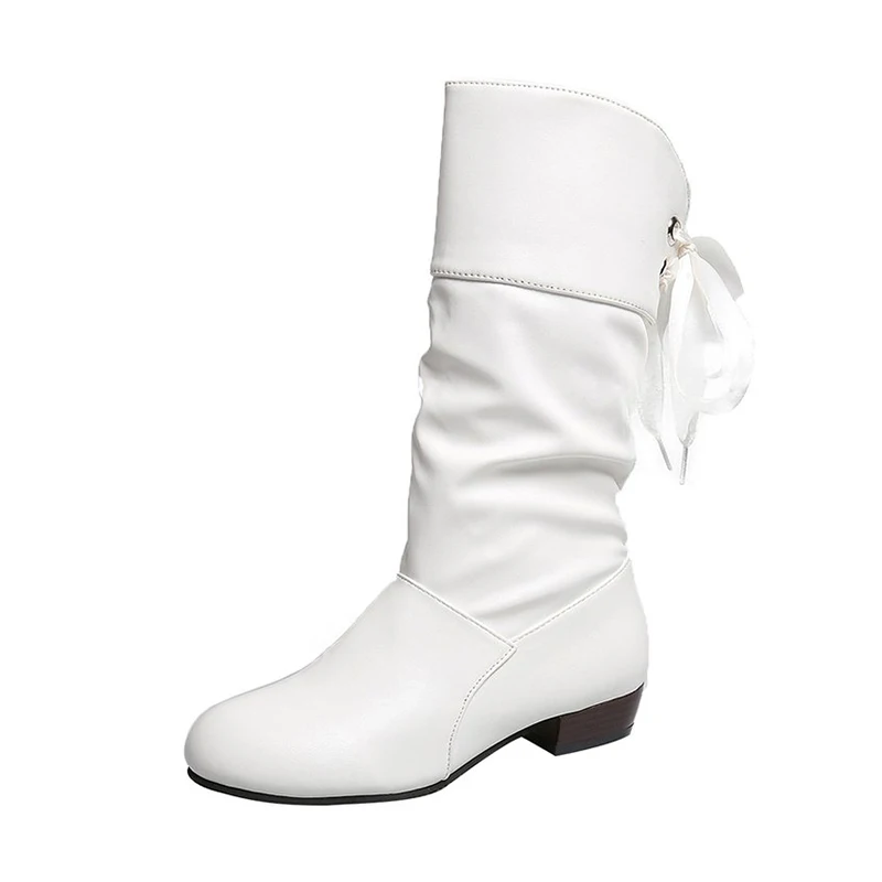 Женские ботинки до середины икры из искусственной кожи; модные женские ботинки на среднем каблуке со шнуровкой; коллекция года; Осенняя женская обувь на платформе с квадратным каблуком - Цвет: white
