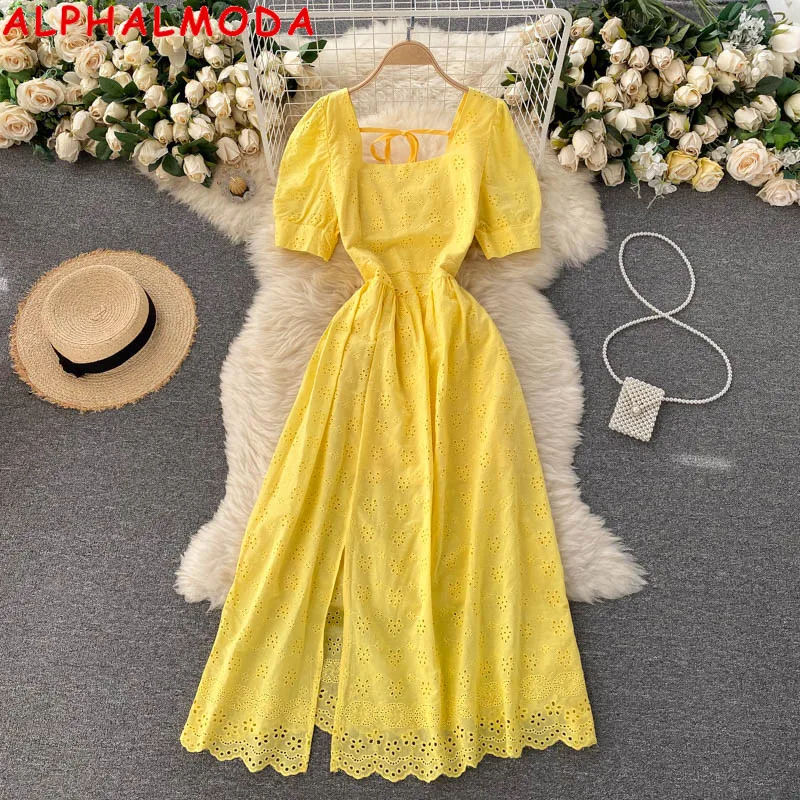 

ALPHALMODA New Women Summer Dress 2021 Square Collar Puff Sleeve High Waist Slit French Style Chic Solid Dress