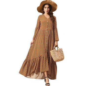 

Kaftan Abaya Muslim Women Flare Sleeve Maxi Dress Polka Dot Caftan V Neck Party Gown Arab Boho Long Ruffle Dresses Button Robe