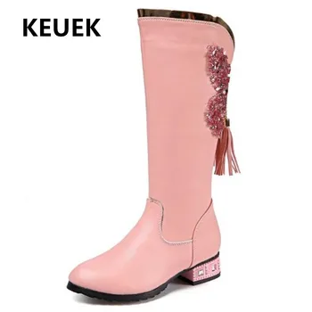 

New Girls Boots Princess Children Fasshion Fringe Cowhide Student Performance High Heel Kids Shoes Genuine Leather Snow Boots 03
