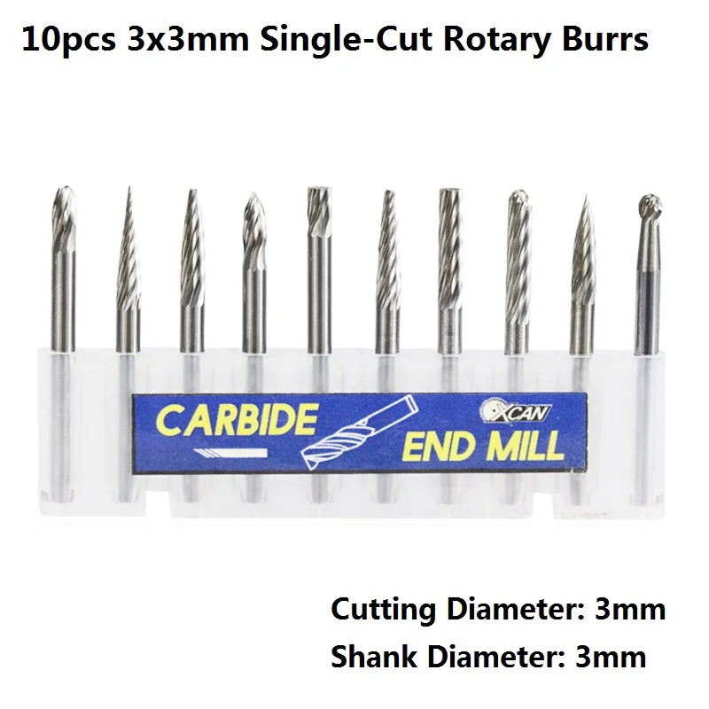 XCAN 10 шт., 3 мм хвостовик, 3 мм/5 мм/6 мм, одинарная огранка, двойной огранки, набор роторных напильников из карбида вольфрама для Dremel, аксессуары, вращающиеся напильники - Цвет: 10pcs 3x3 Single Cut