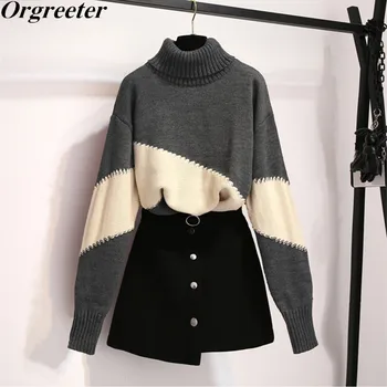 

Lazy wind Sweater Sets Women Fashion Striped Patchwork Turtleneck Thick Sweater and Belt Single-breasted Skirts 2 Piece sets