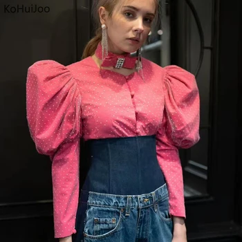 

Long Sleeve Runway Shirts Women 2020 Spring Fashion Puff Sleeve Bow Fashion Sexy Mesh Point Short Blouses Tops Blusa Feminina