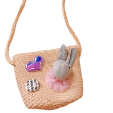 1 шт., Детская сумка, мультяшная Милая соломенная тканая сумка в виде сердца кролика, сумка через плечо, кошелек, текстурный светильник