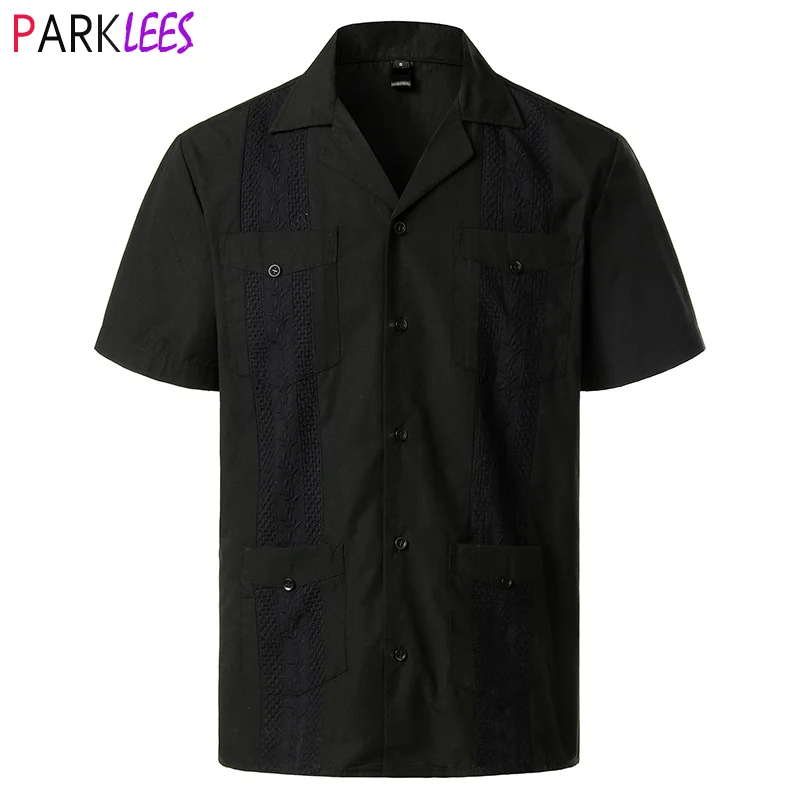 

Black Traditional Cuban Camp Guayabera Shirts Men Short Sleeve Embroidered Loose Casual Beach Holiday Shirt With Revere Collar