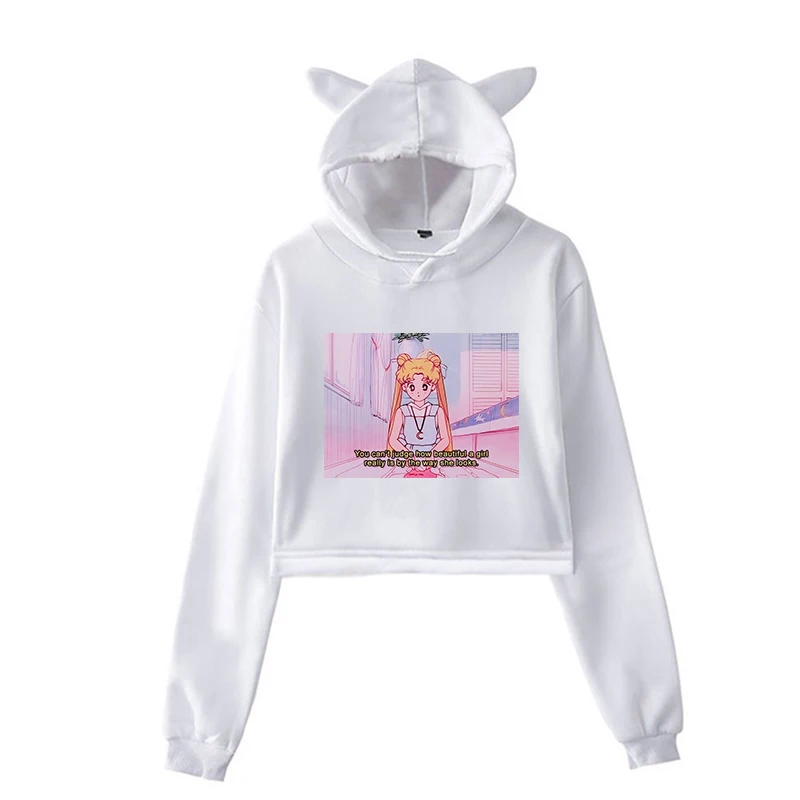 Унисекс с длинным рукавом Короткие толстовки Сейлор Мун эстетические Kawaii кофты осень Забавный пуловер с капюшоном для женщин мужчин хип хоп одежда