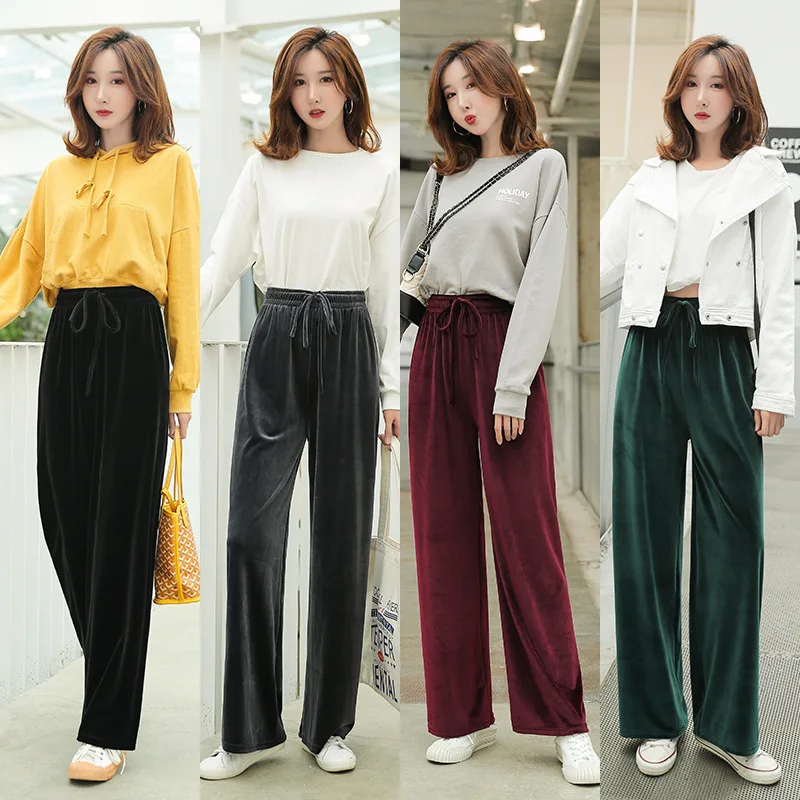 

Fashion Wide Leg Pants For Women 2019 Autumn New Casual Solid Pleuche High Waist Long Loose Trousers Soft Pants Femme Plus Size
