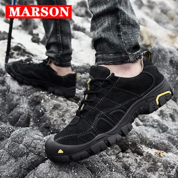 

MARSON Men's Casual Shoes Sport Hiking Mountain Breathable Sneakers Fashion Leather Shoes Outdoor Flat Casual Footwear Plus Size