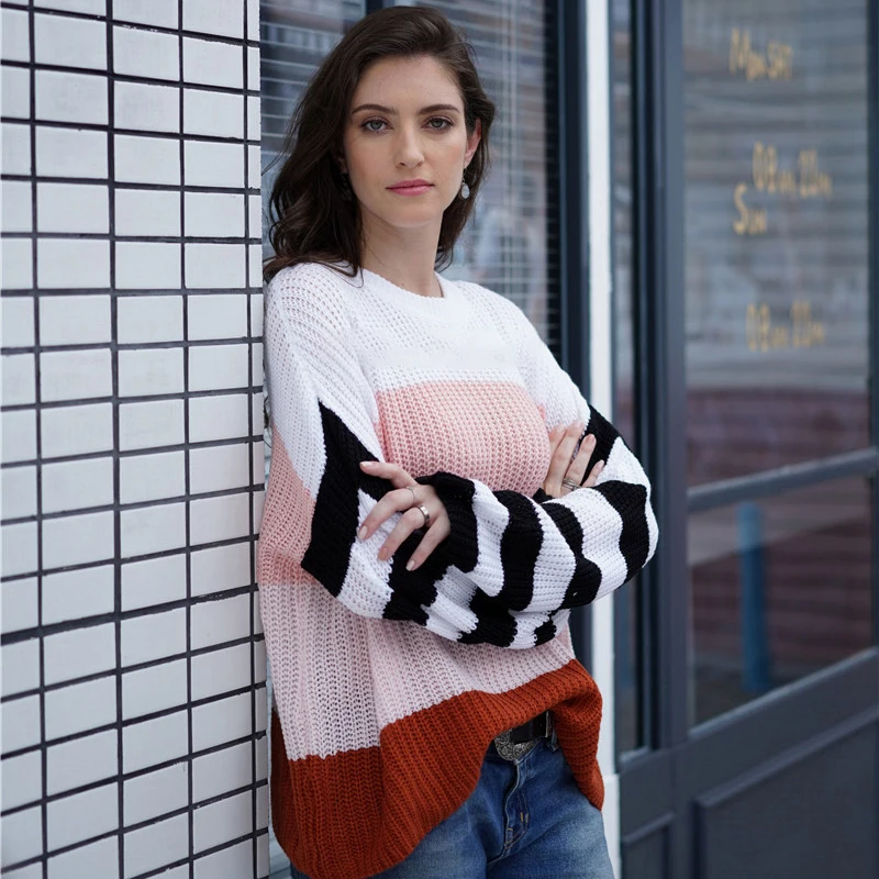

2019 New Autumn Sweater Women Long Sleeve Patchwork Knitted Striped Pullovers Colorful