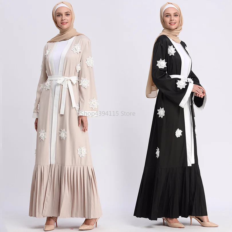 Abaya кардиган Дубайский Мусульманский Длинный плиссированный Жемчуг Цветочный