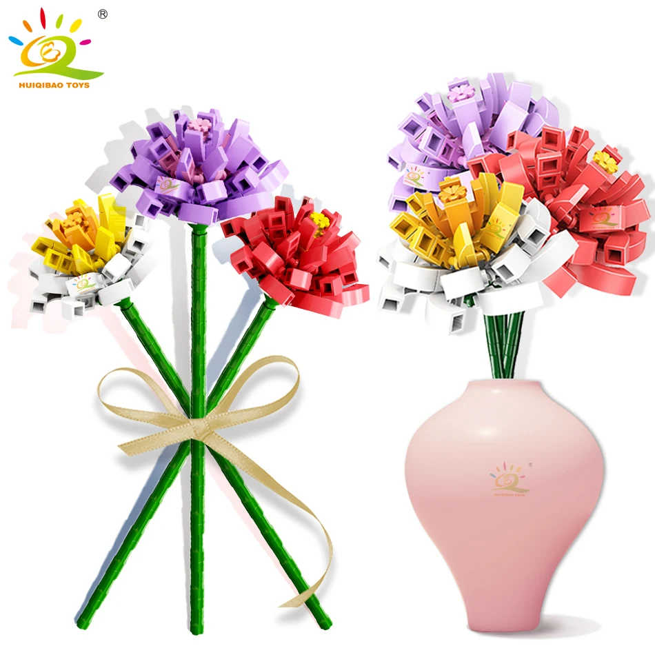 HUIQIBAO 3 Colors Common Camellia Flower Bouquet Building Blocks City MOC Imitation Plant Brick Construction Children Toys
