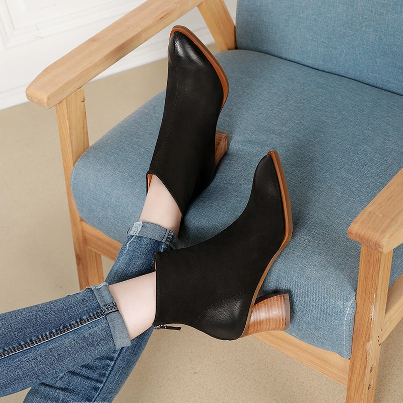 2020 VALLU Autumn winter leather women's short boots thick heel high-heeled pointed leather warm women's shoes