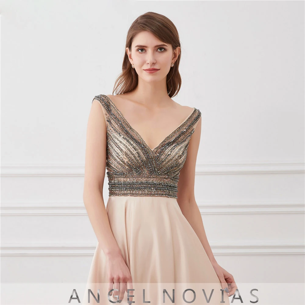 Женское длинное вечернее платье ANGEL NOVIAS блестящее цвета шампанского с открытой