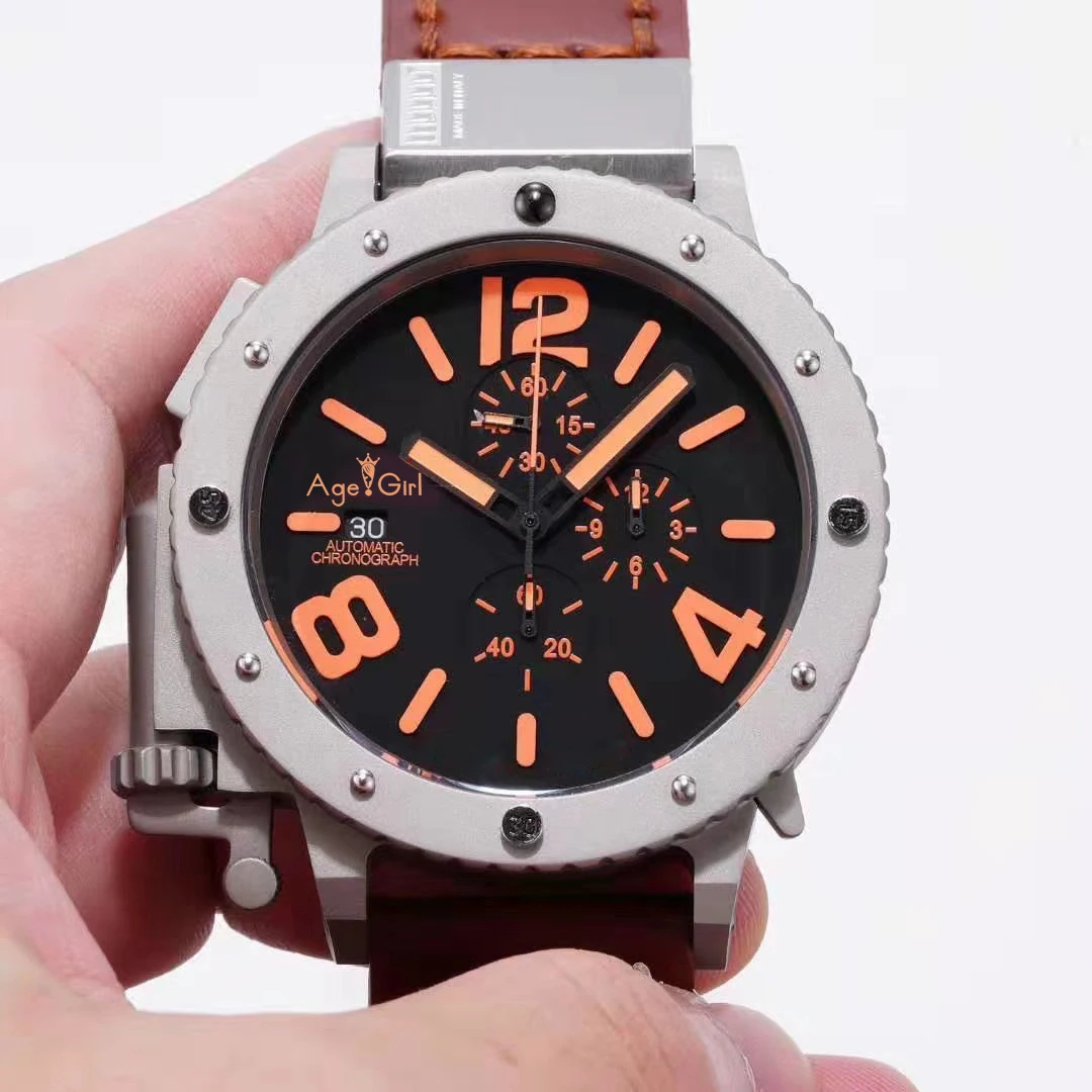 Luxury Brand New Chronograph Stopwatch Men U CHRONOMETER U42 Chimera Silver Titanium Matte Cow Leather Boat Watch Limited 42mm - Цвет: Silver Yellow