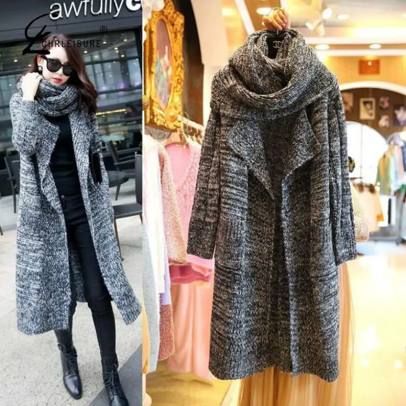 CHRLEISURE Winter Women Sweater Cardigan Coat Large Lapel In The Long Section Was Thin Collar Shawl |