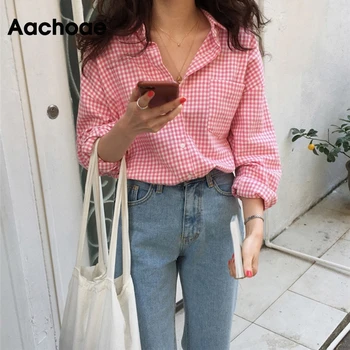 

Casual Plaid Blouse Women Batwing Long Sleeve Loose Shirt Female Pocket Pink Color Office Wear Tops Ladies Spring Blusas Mujer
