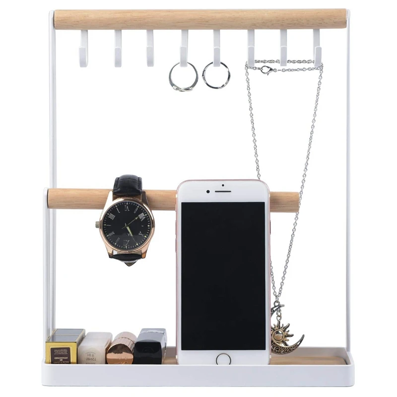 Jewelry Display Stand Holder with Wooden Ring Tray and Hooks Storage Necklaces Bracelets Rings Watc