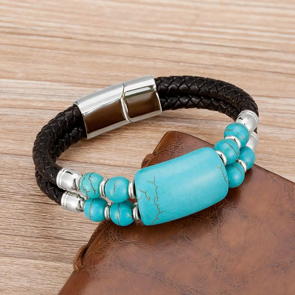 Genuine Leather Natural Stone Men's Bracelet - Image 5