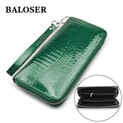 BALOSER Genuine Leather Wallet For Women Luxury Crocodile Pattern Long Zipper Mobile Phone Bag Credit Card ID Holder Purse