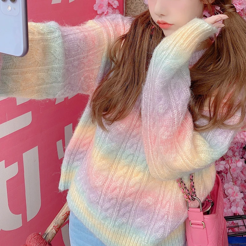 Rainbow Knitted Cardigan Women Autumn Winter Button Long Cardigan Female Korea Style Sweet Kawaii Sweater Coat Female 2020 Cute