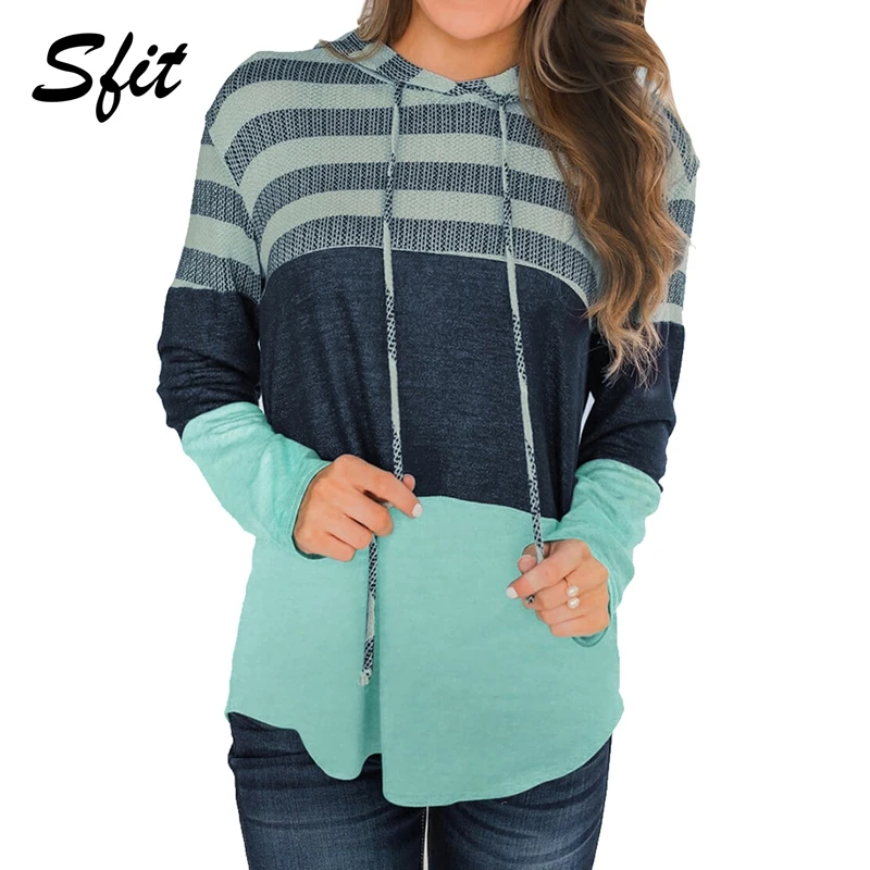 

Sfit 2019 Autumn Winter Women Color Block Drawstring Hoodie Long-Sleeved Jacket Pullover Cap Tops Striped Loose Sweatshirts