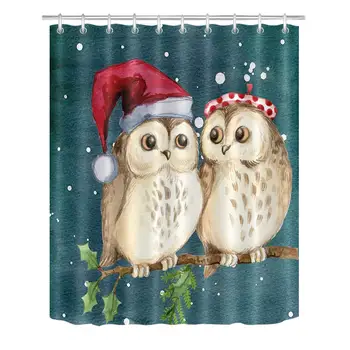

Christmas Shower Curtain Set Owl Partner on Tree Branch Animal Bathroom Curtain Decoration with Hooks Polyester Fabric Bathtub