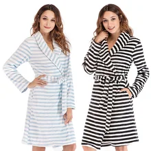 Милые полосатые женские ночные рубашки зимние мягкие фланелевые халаты супер теплый коралл, овечья шерсть, халат для ванной Женские кимоно халаты