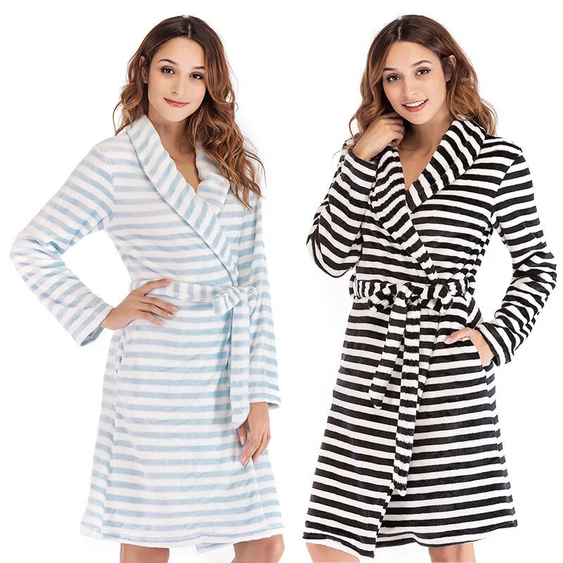 Cute Striped Women Nightgowns 2019 Winter Soft Flannel Robes Super Warm Coral Fleece Bathrobe Ladies Kimono Dressing Gown | Женская