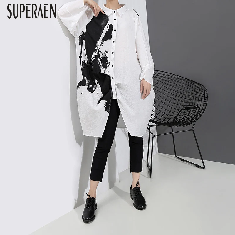 

SuperAen Europe New Pluz Size Women's Shirts Cotton Casual Fashion Ladies Blouses Print Autumn 2019 Women Clothing