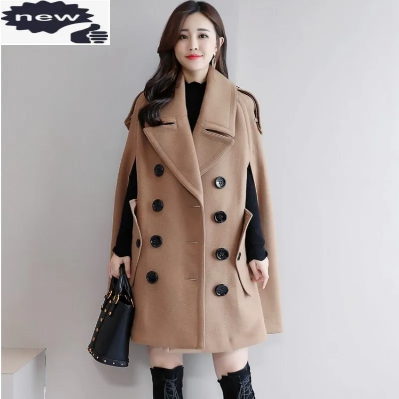 

England Style Women Winter Wool Cloak Coat Batwing Sleeve Double Breasted Blends Outerwear Warm Windbreaker Woolen Cape Coats