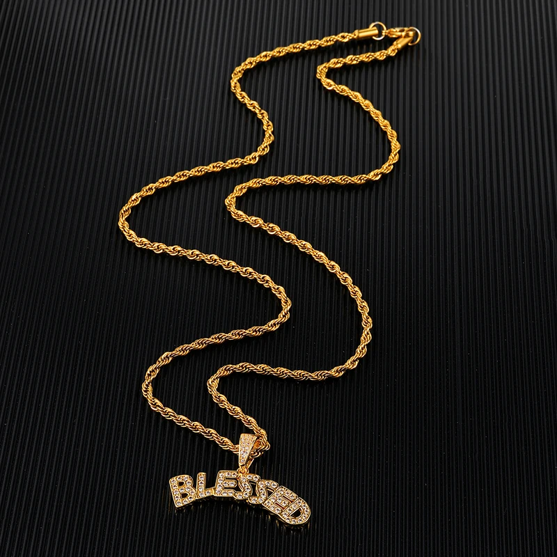 US7 Bling Iced Out буквы BLESSED кулон и ожерелье микро проложенные Rhinestoned подвески для мужчин хип хоп ювелирные изделия