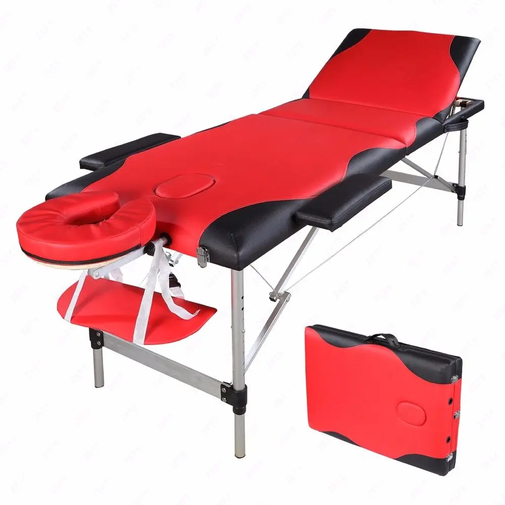 185 x 60 x 81 3 Sections Foldable Beauty Bed Aluminum Tube SPA Bodybuilding Massage Table Red with Black Edge Salon Furniture