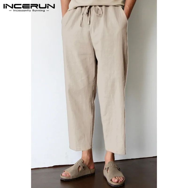 

INCERUN 2019 Men's Casual Pants Cotton Linen Joggers Drawstring Vintage Street Workout Sweatpants Baggy Straight Trousers Men