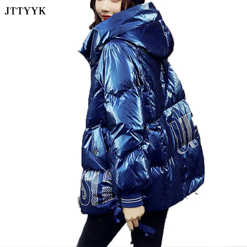 

Winter 2020 New Parker Down Jacket Women's Short Loose Hooded Stand Collar Feather Jackets Shiny Thickened Cold-proof Coat Women