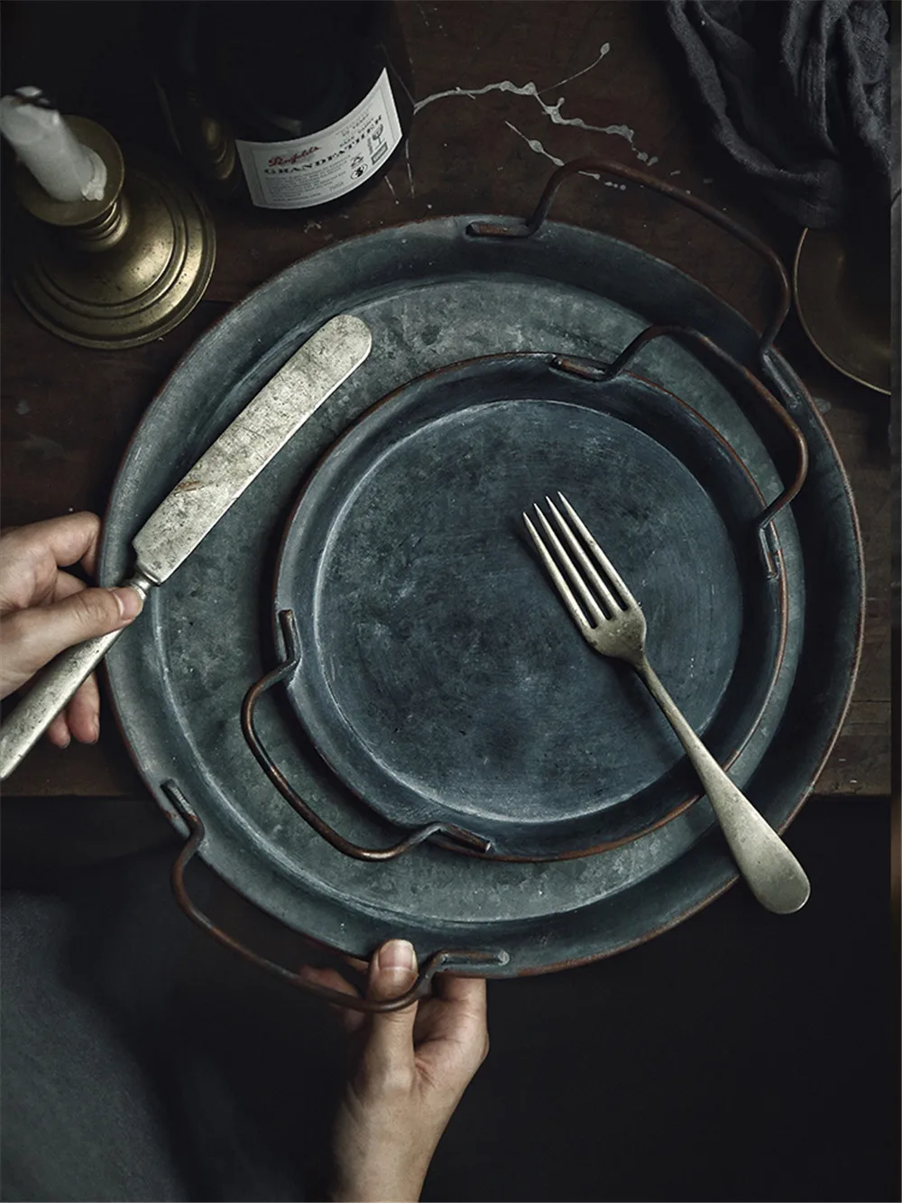 ins nordic retro metal bread plate with handle chic vintage