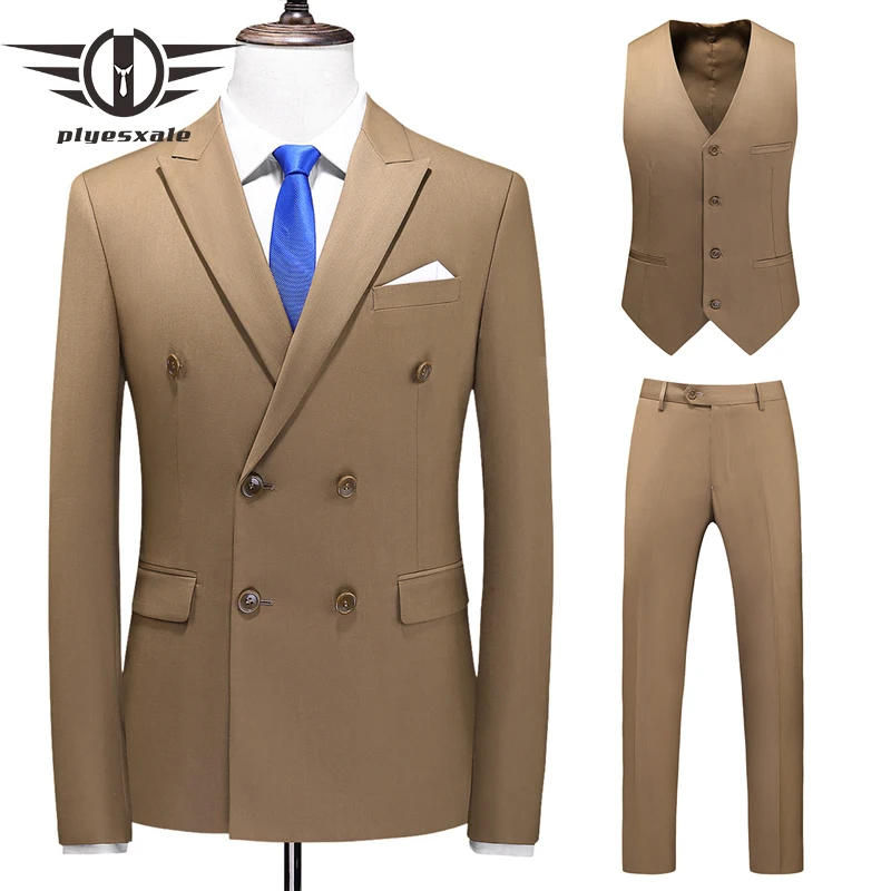 Plyesxale-trajes de doble botonadura para hombre, trajes de novio esmoquin caqui para boda, traje Formal de negocios, chaqueta, pantalones, chaleco Q919