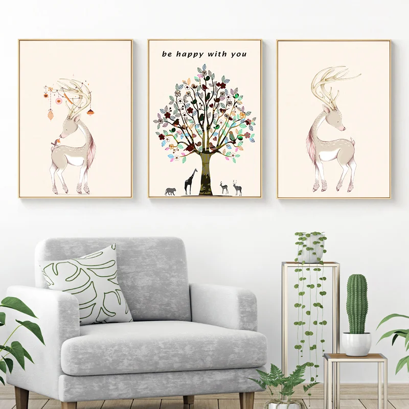 

Nordic Deer Tree Art Decor Canvas Painting Wall Picture Posters And Prints Living Room Removable Decor Wall Decals