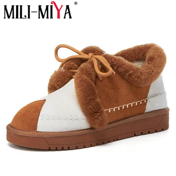

MILI-MIYA Cow suede Ankle Snow Boots Lace-Up Round toe Flat with Mixed colors Cross-tied Wool blend plush winter shoes for lady
