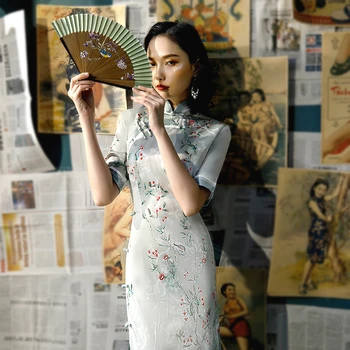 

SHENG COCO Retro Style Chinese Dress Silk Knee Length Qipao Long Sleeve Cheongsam Lady Flower Print Cheongsam Dress Vestido