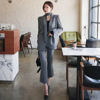 

2020 Autumn Winter Ofiice Korean Women Pant Suits Blazer Jacke with Tie and Ankle Pants Two Piece Set Lady Workwear Female Set