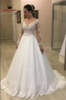 

Vintate Wedding Dress A-line V-neck Long Sleeve Tulle Lace Beading 2020 New Design Bridal Dresses Custom Made SH03