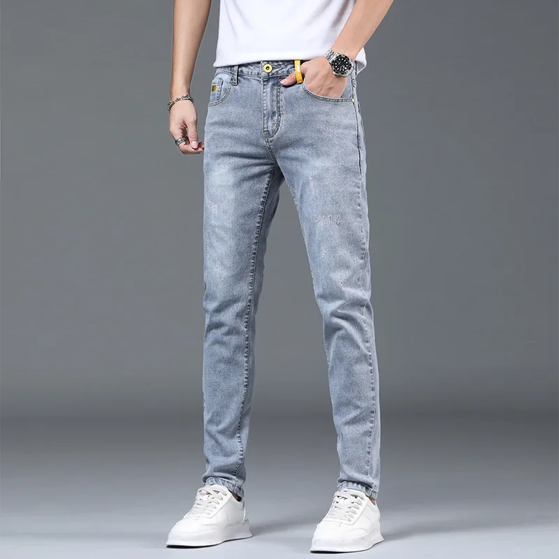 Spring and Autumn Men's Jeans Stretch Korean Slim Pants Trendy Straight Black Long Cotton 