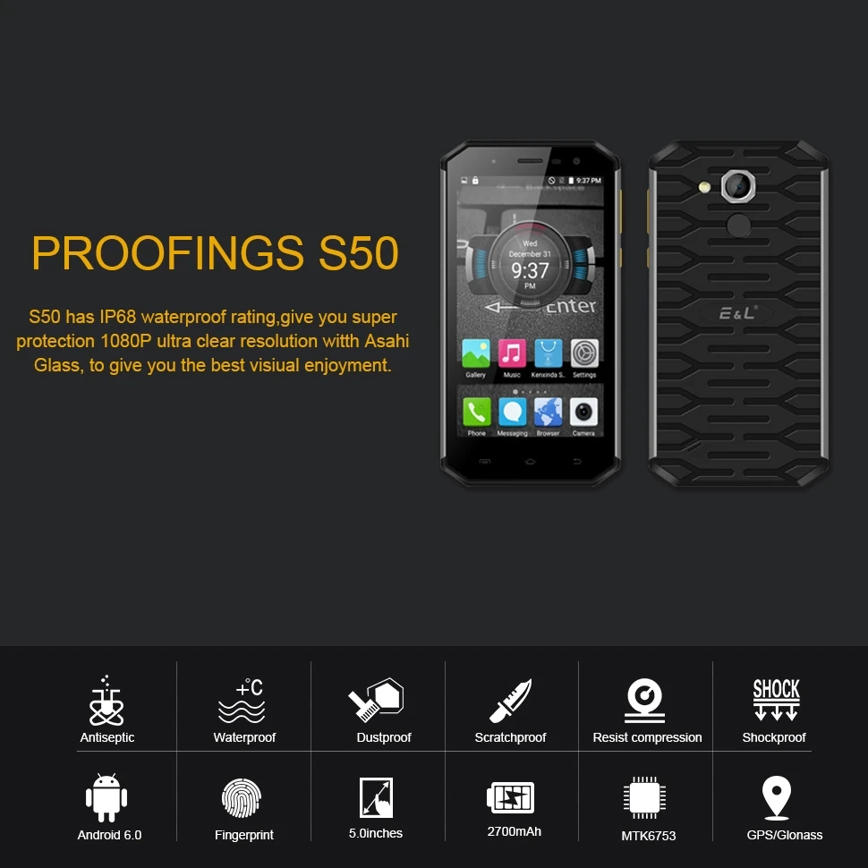 KXD E&L S50 IP68 прочный телефон Android 6,0 MTK6753 Восьмиядерный 3 ГБ ОЗУ 32 Гб ПЗУ 5," дисплей 13 МП FM 4G LTE смартфон отпечаток пальца