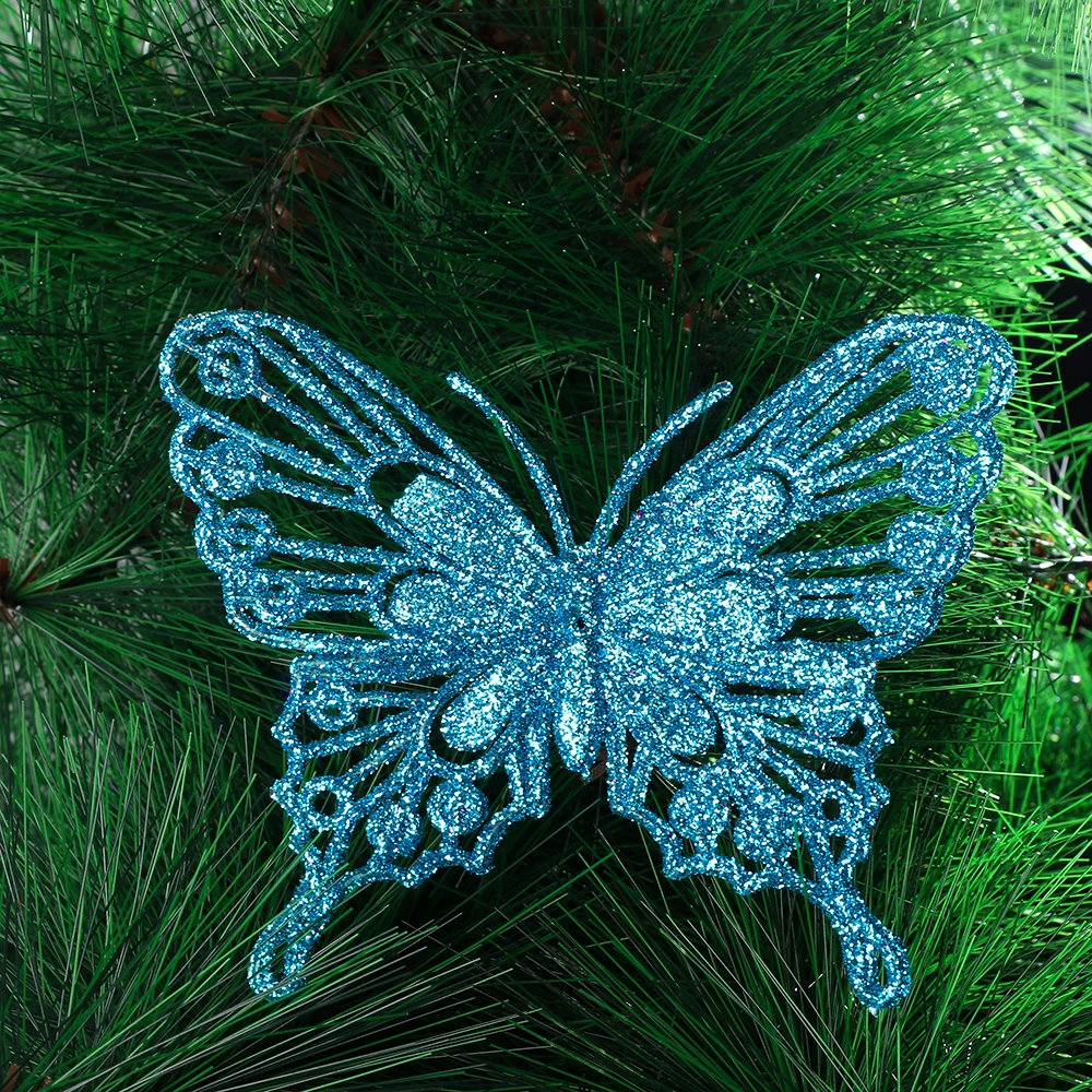 Lot de 16 papillons de Noël creux dorés à paillettes à suspendre pour décoration de sapin de Noël avec clips, décoration de Noël à suspendre pour couronne de Noël
