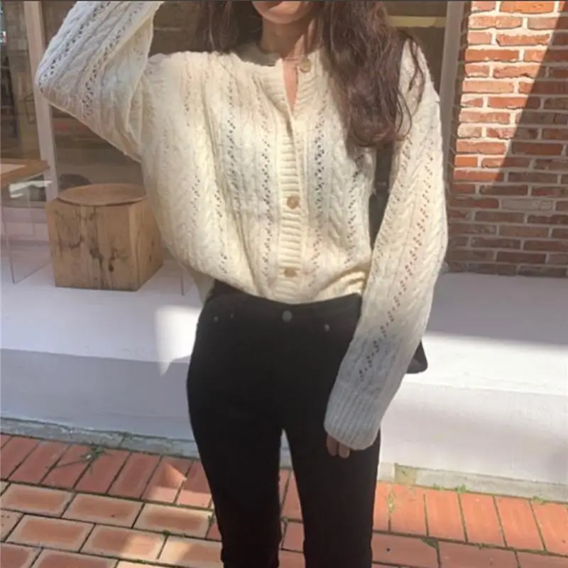 Knitted Sweater Cardigan Hollow Out Casual Sweater Women Elegant Winter Jumper Korean Oversized Cardigan Harajuku Coat V832